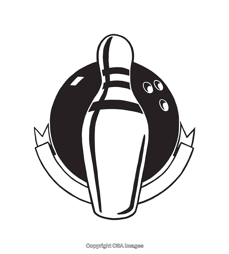 Black and White Illustration of Bowling Pin and Ball with Decorative Ribbon