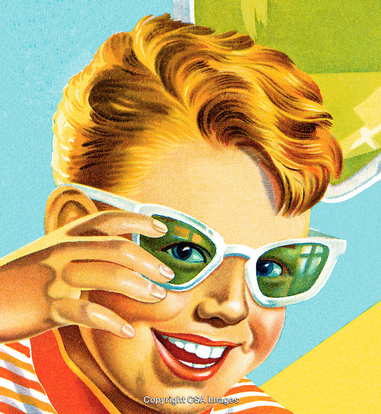 Retro Illustration of a Smiling Boy Wearing Sunglasses and Striped Shirt