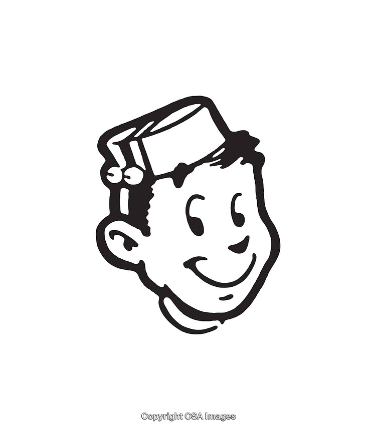 Vintage Black and White Illustration of a Smiling Character in Retro Style