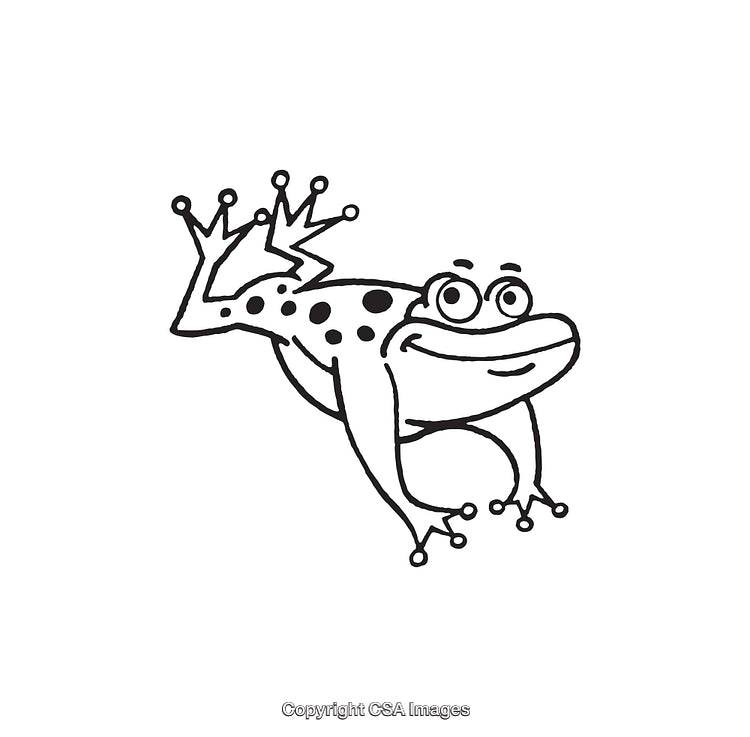 Whimsical Black and White Frog Line Art Illustration with Crown Details