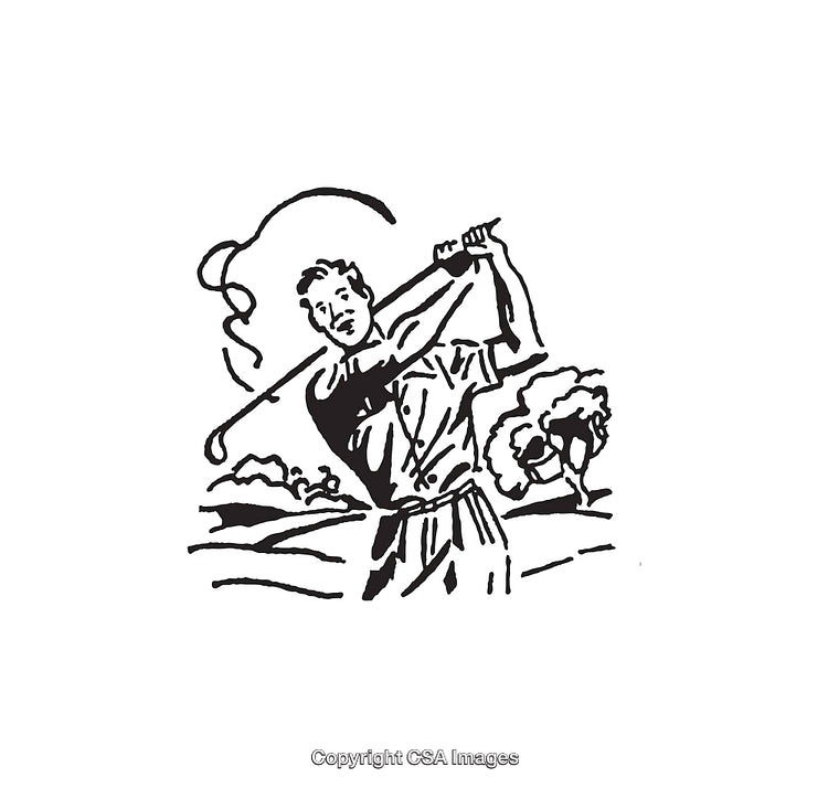 Illustration of a Golfer Swinging in a Scenic Outdoor Setting