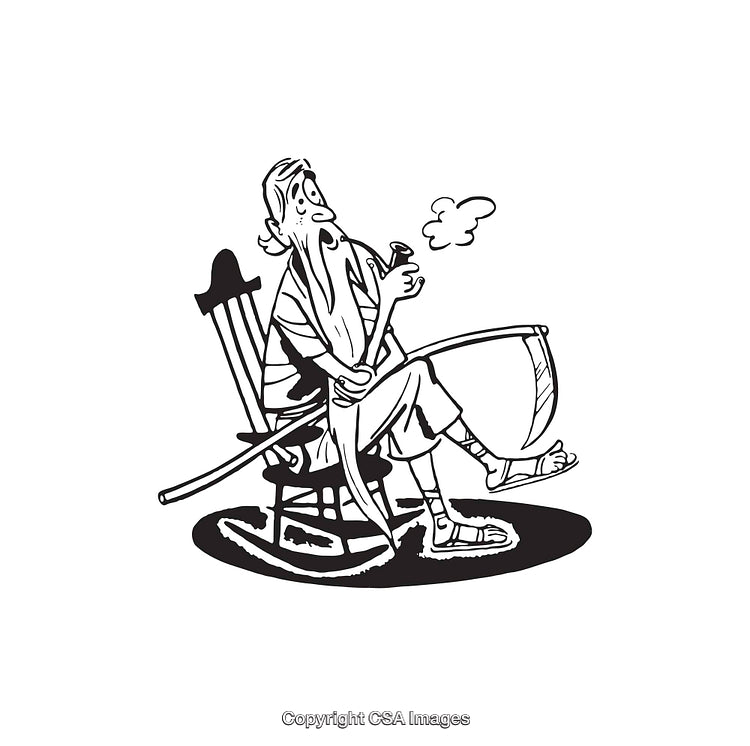 Black and White Line Art of a Man Relaxing with a Scythe