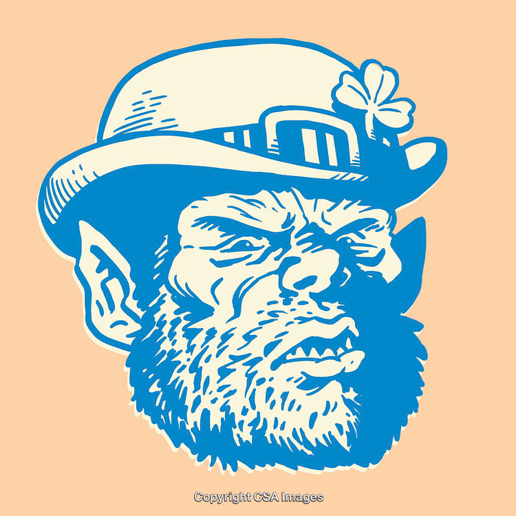 Illustrated Leprechaun Head in Hat with Shamrock Accents on Neutral Background