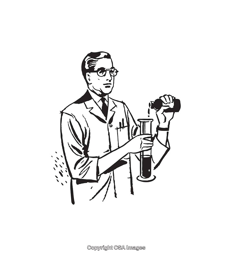 Black and White Illustration of a Scientist Working in a Laboratory