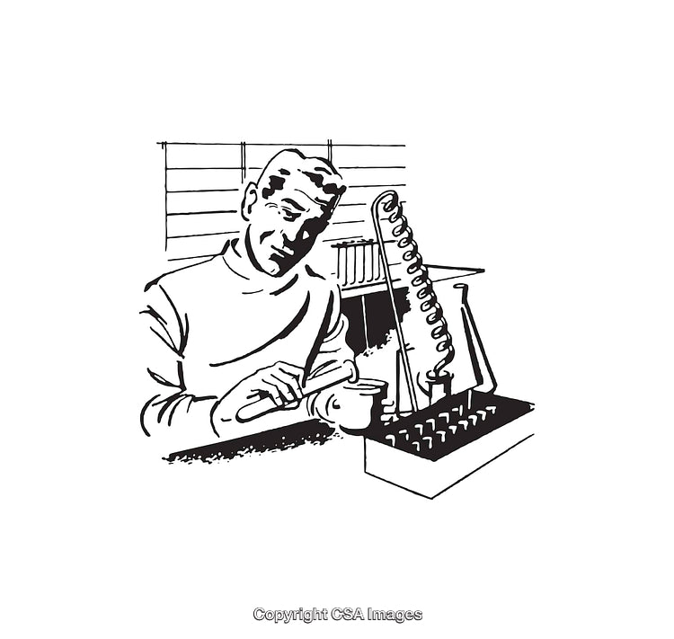 Black and White Line Art of Scientist with Laboratory Equipment