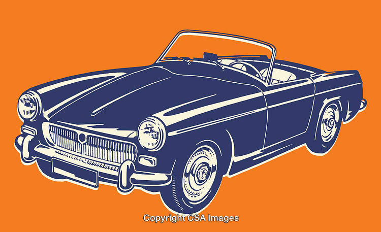 Vintage Convertible Car Line Art with Bold Orange Background
