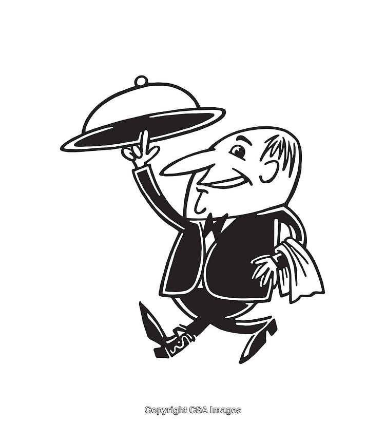 Black and White Line Art of a Waiter Carrying a Cloche
