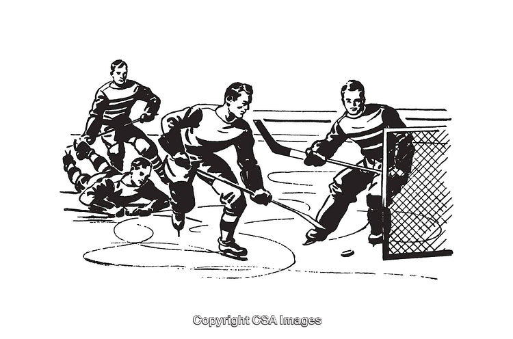 Vintage Black and White Illustration of Hockey Players in Action