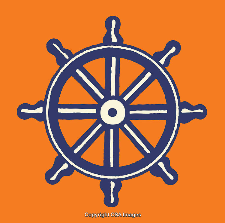 Illustration of a Maritime Ship Wheel on a Bright Orange Background