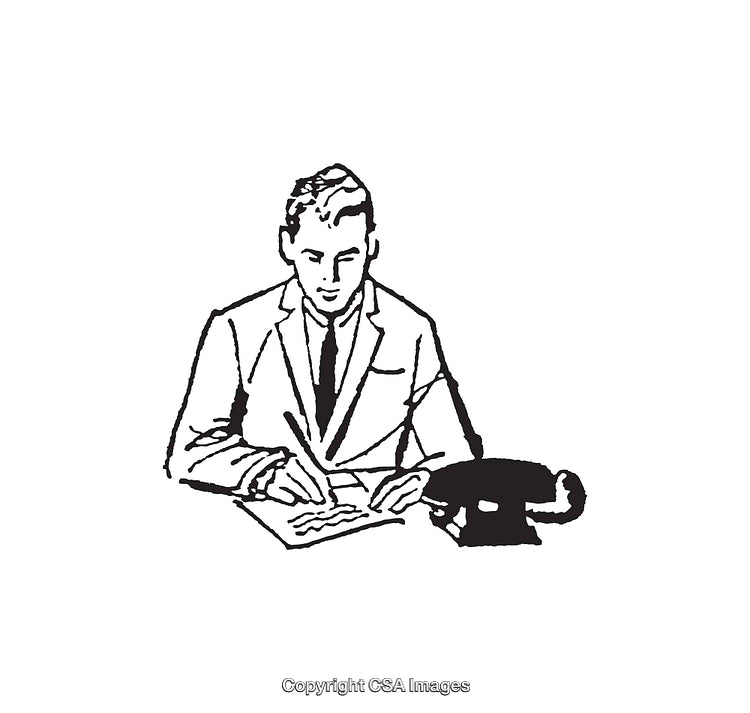 Vintage Line Art of Man Working at Desk in Office Setting