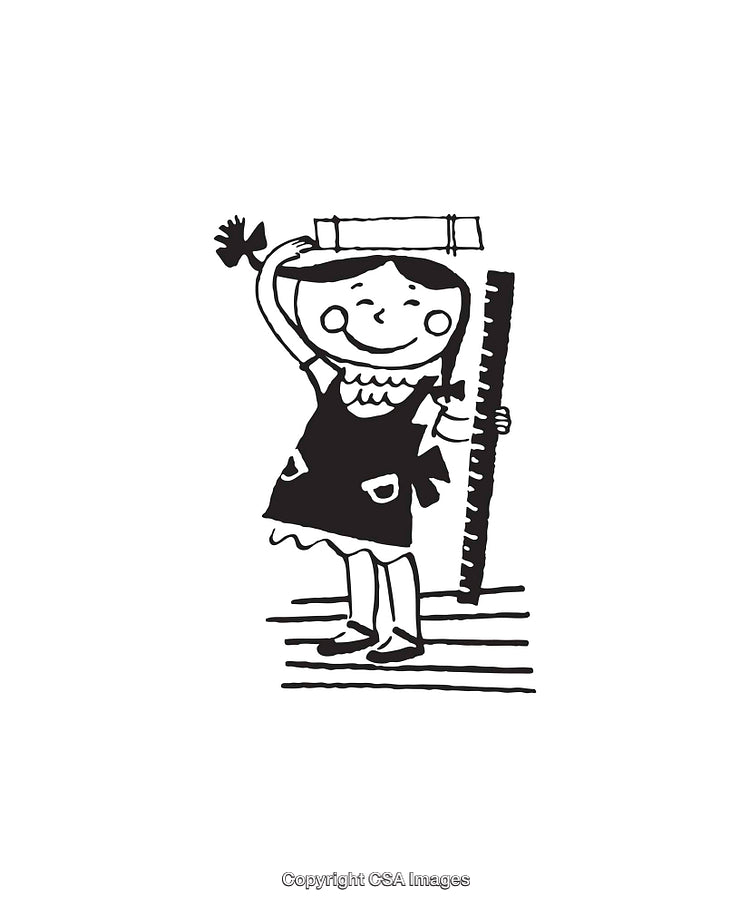 Black and White Cartoon Illustration of a Young Girl Measuring Height