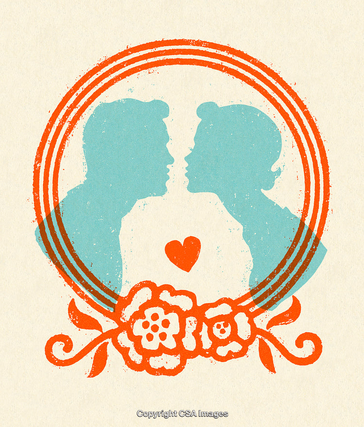 Romantic Silhouette Illustration of Couples with Heart and Floral Design
