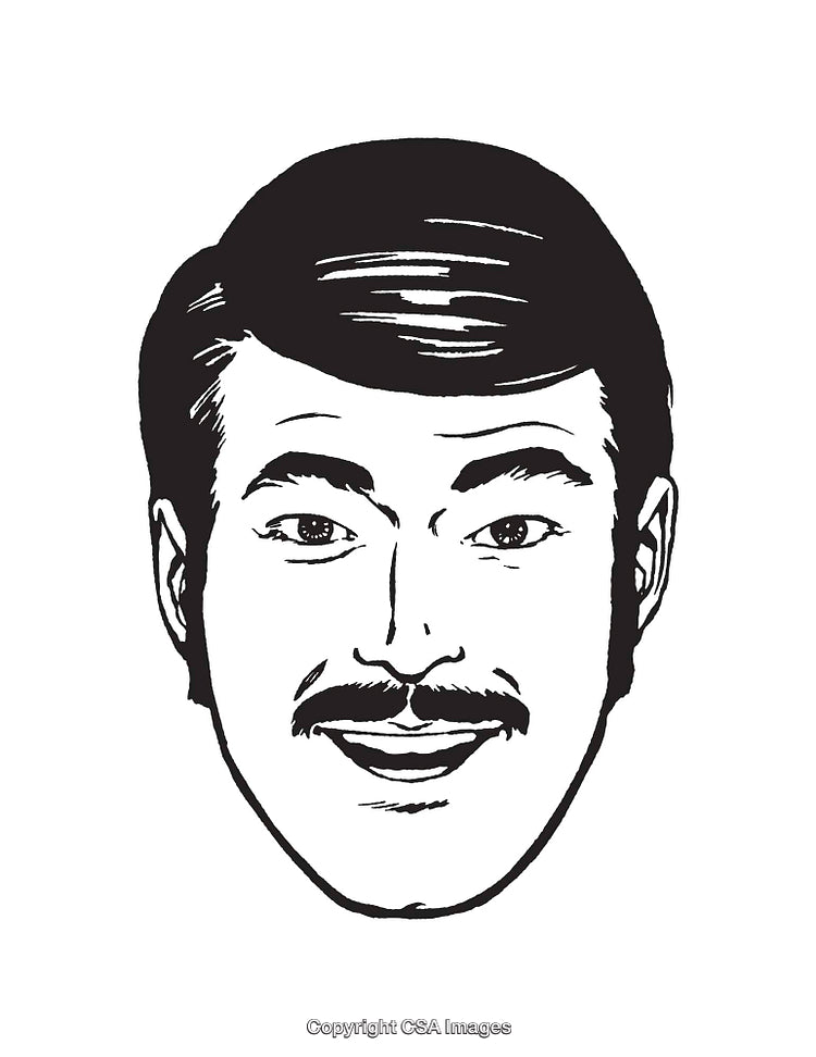 Vintage Black and White Smiling Man Illustration in Line Art Style