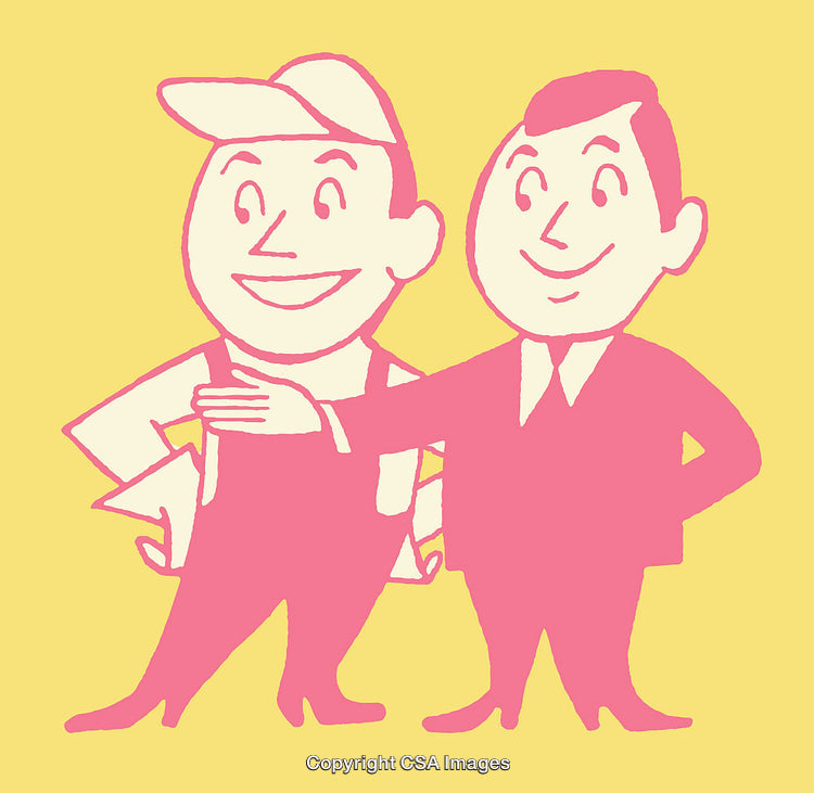 Vintage Style Line Art of Two Smiling Friends on Yellow Background