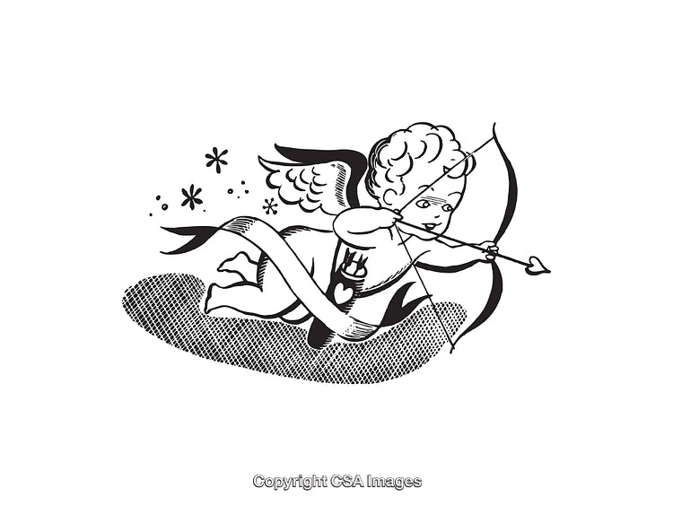 Black and White Illustration of Cupid with Bow and Arrow
