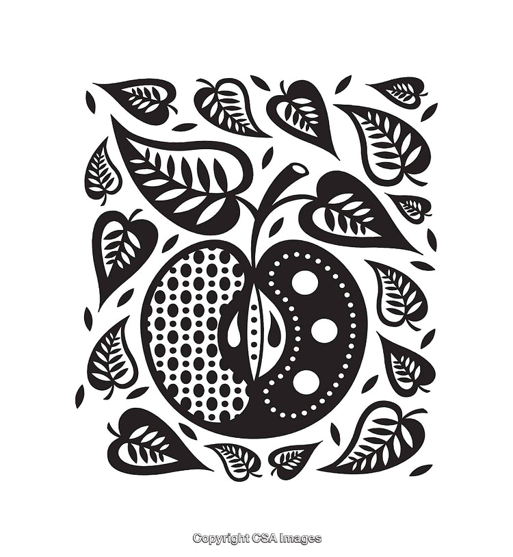 Black and White Decorative Abstract Apple and Leaf Pattern Illustration