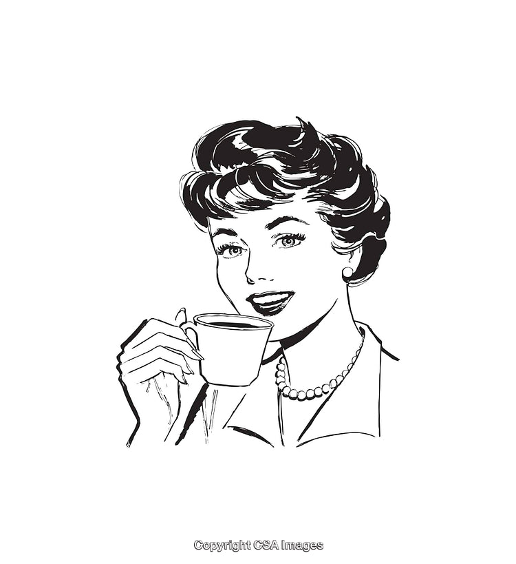 Retro Black and White Illustration of a Woman Holding a Coffee Cup