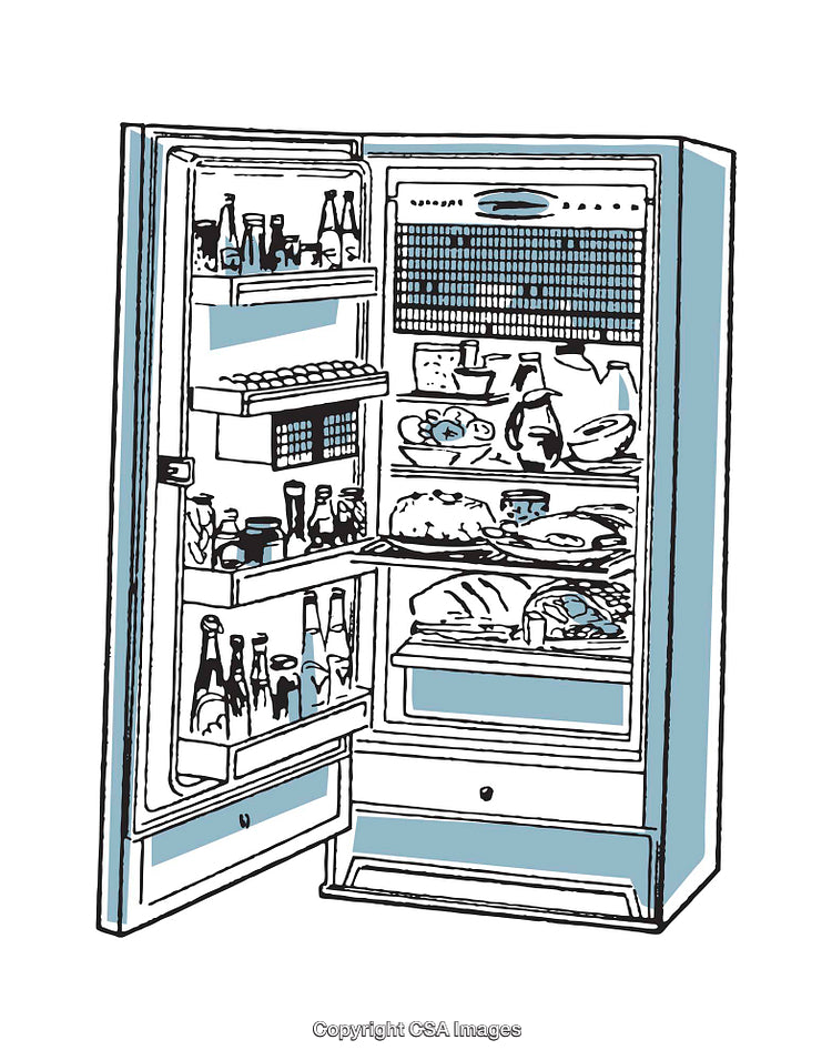 Illustration of a Full Refrigerator with Various Foods and Beverages Inside