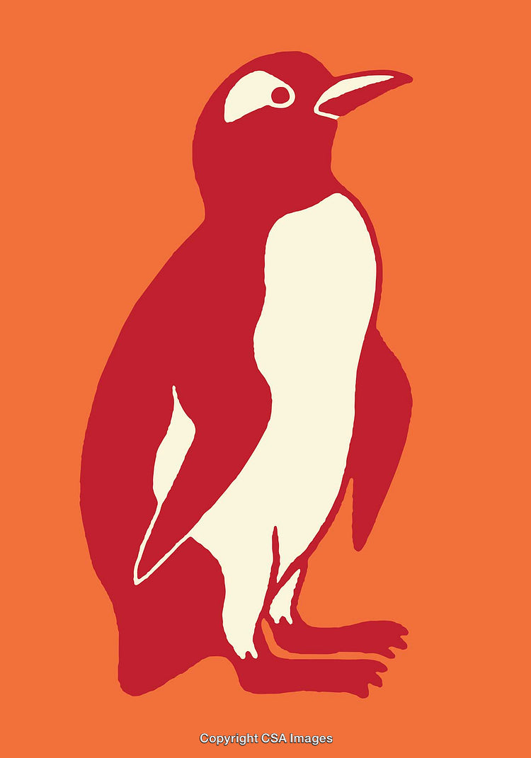 Colorful Illustration of a Penguin in Red on Orange Background