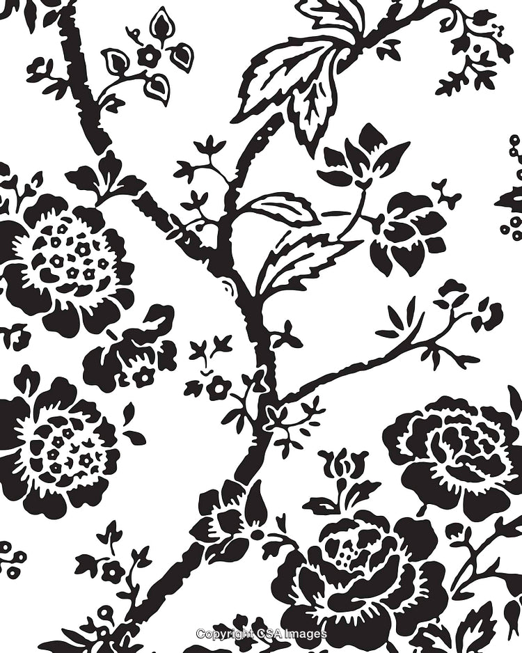 Elegant Black and White Floral Pattern with Botanical Details