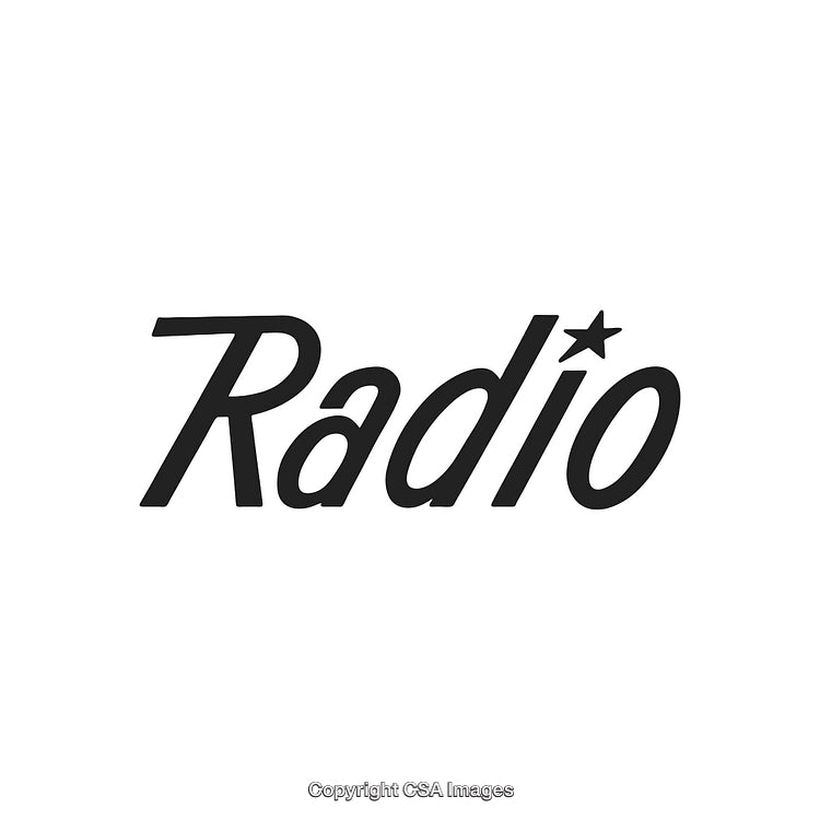 Stylized Radio Text Logo Design with Star Detail and Monochrome Theme