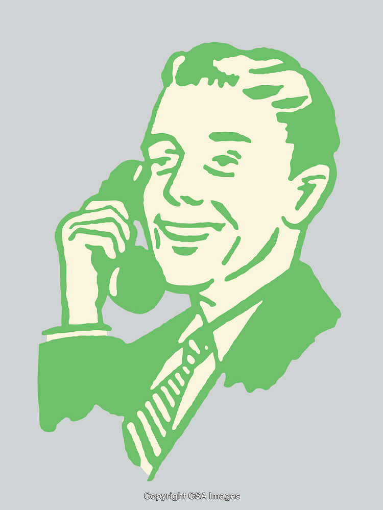 Retro Line Art Illustration of a Smiling Man Talking on Phone