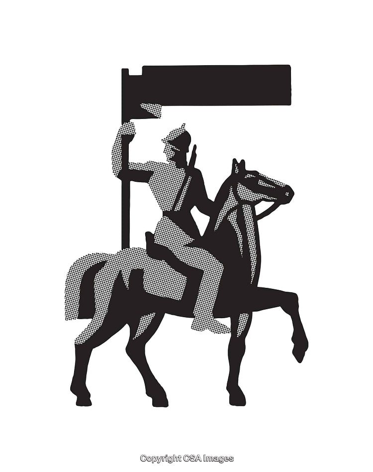 Silhouette Knight on Horseback Holding a Banner in Dynamic Pose