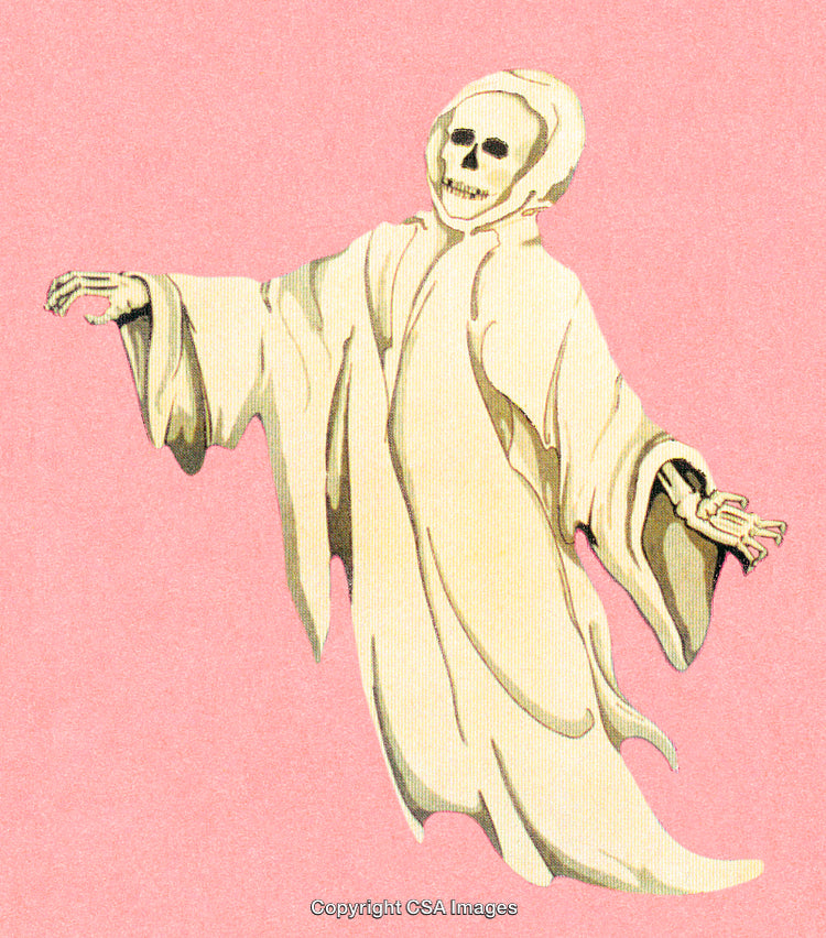 Ghostly Skeleton in Flowing Robes on a Light Pink Background
