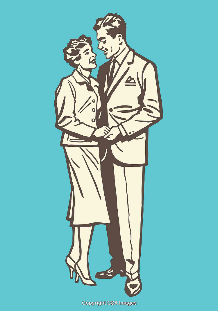 Retro Illustration of a Smiling Couple in Formal Attire on Aqua Background