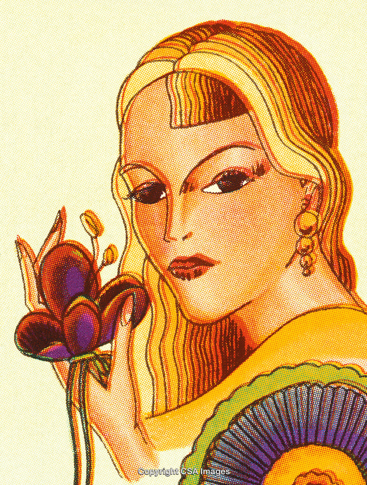 Portrait of a Woman with Curly Hair Holding a Vibrant Flower