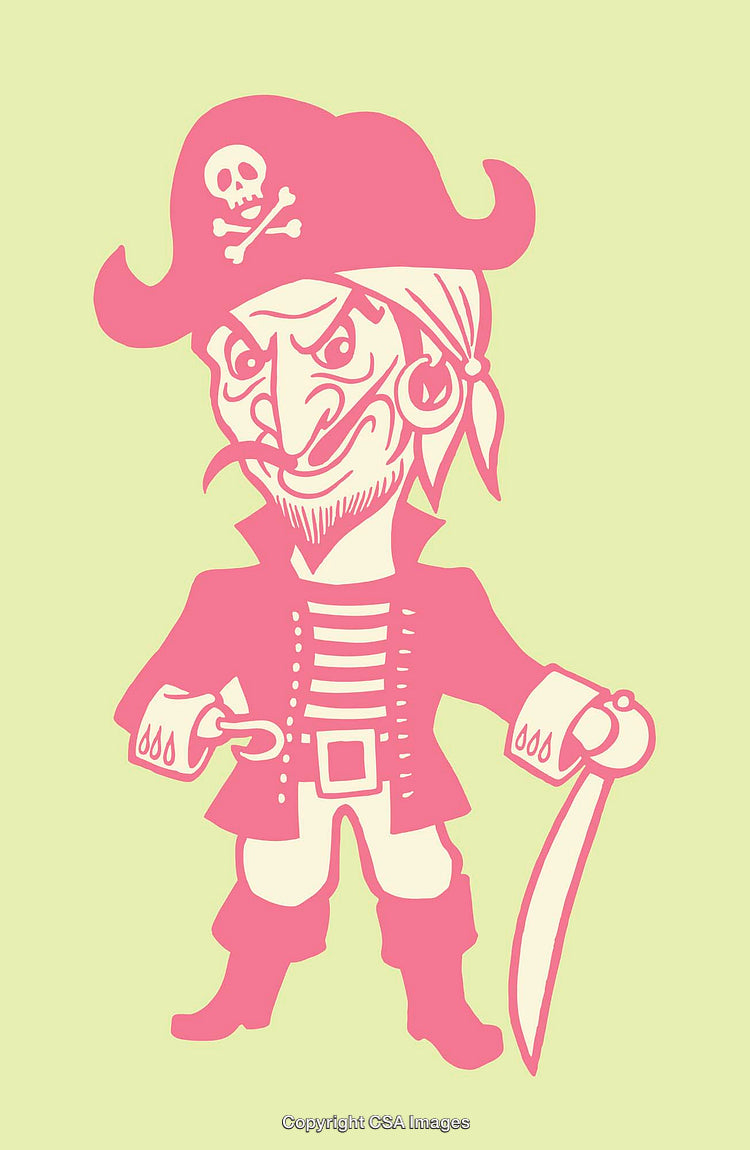 Pink Pirate Illustration With Skull Hat and Sword on Light Green Background