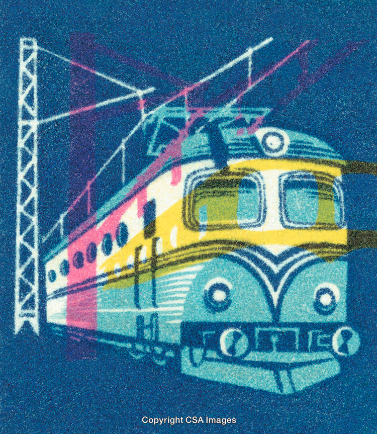 Colorful Stylized Electric Train Illustration with Power Lines on a Vibrant Background