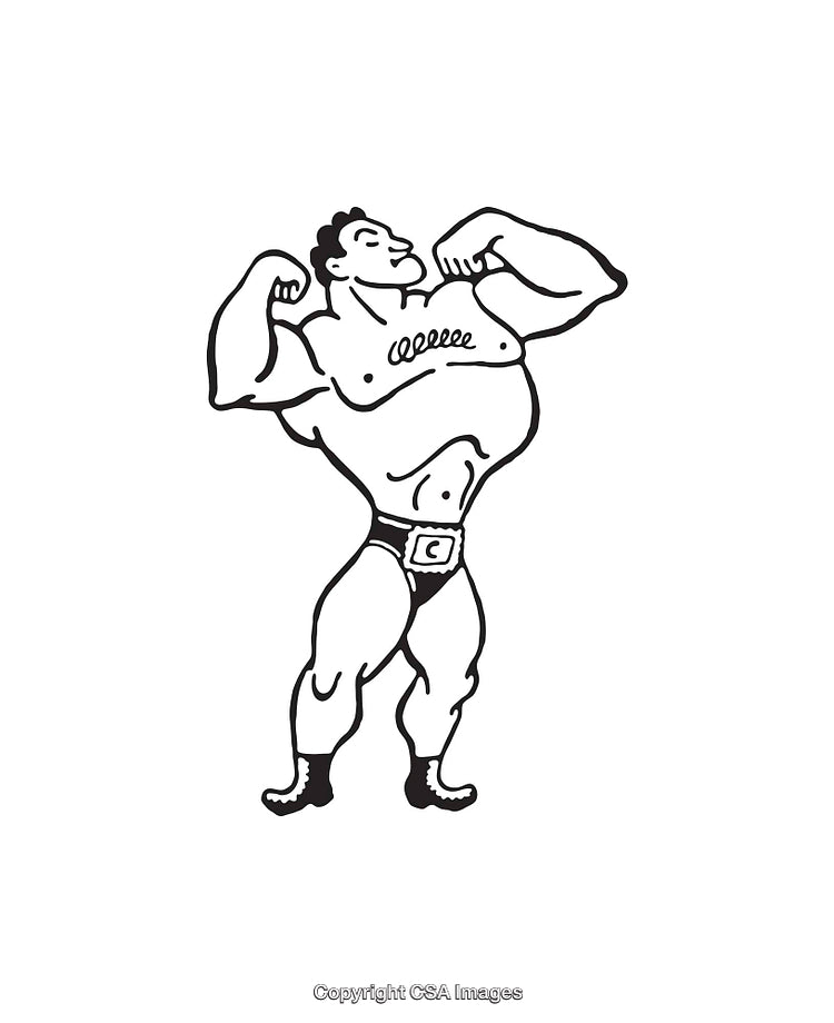 Flexing Cartoon Bodybuilder in Black and White Line Art Illustration
