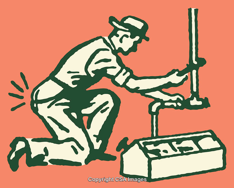 Retro Illustration of a Worker Repairing Pipes with Tools