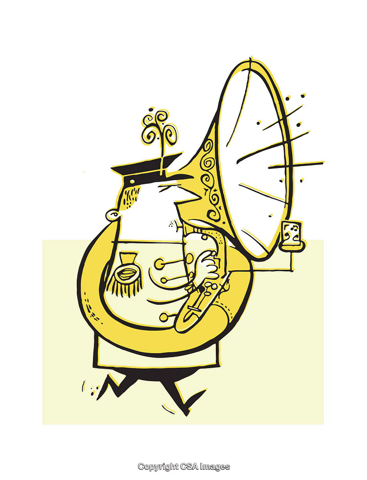 Whimsical Illustration of a Marching Band Tuba Player in Yellow and Black
