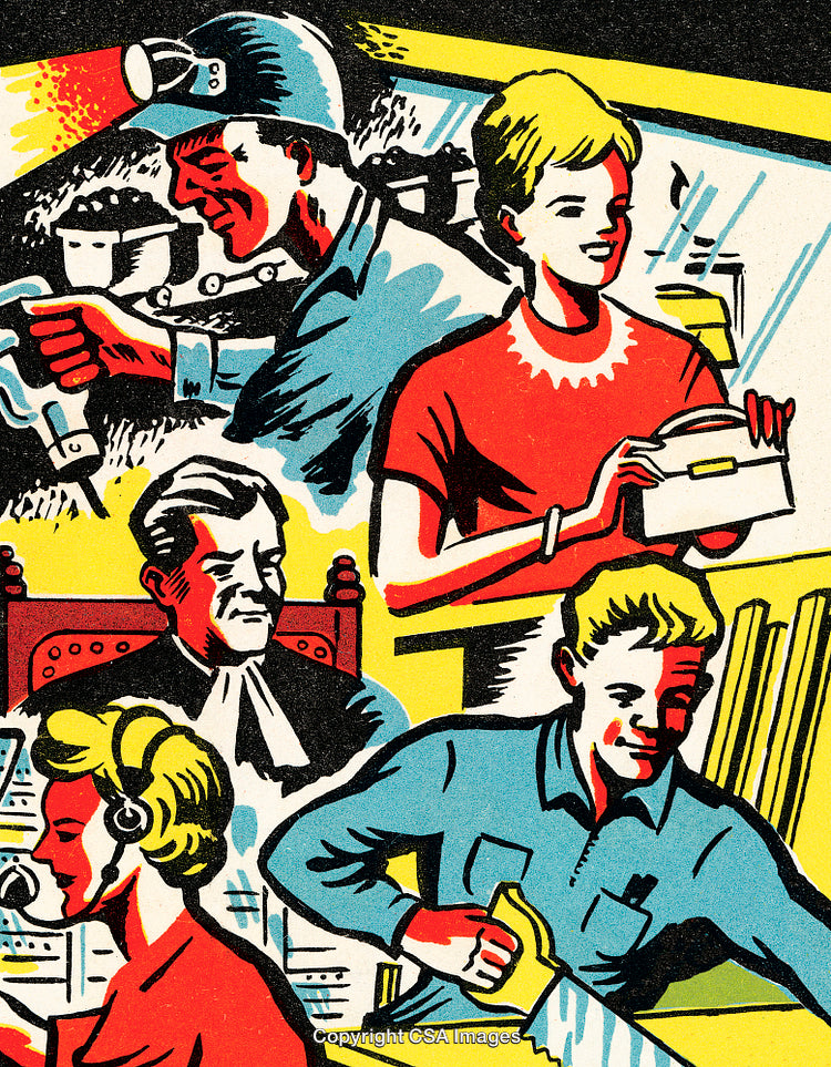 Retro Illustrated Occupations Representing Diverse Professions of the Mid-20th Century