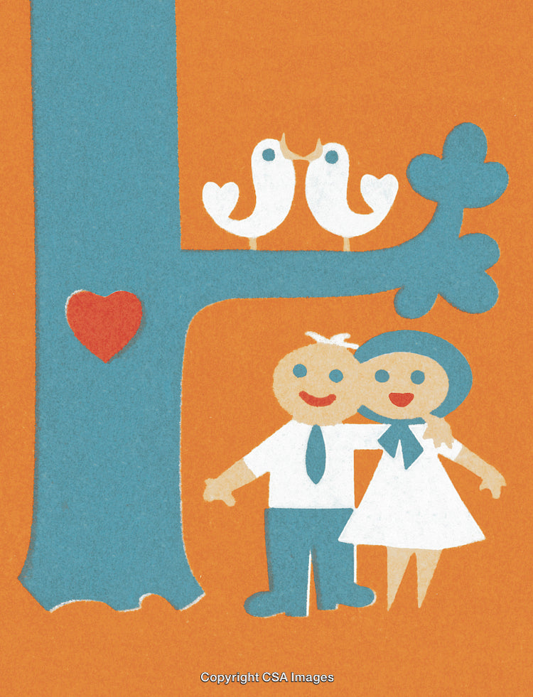 Illustration of a Loving Couple Under Tree with Birds and Heart