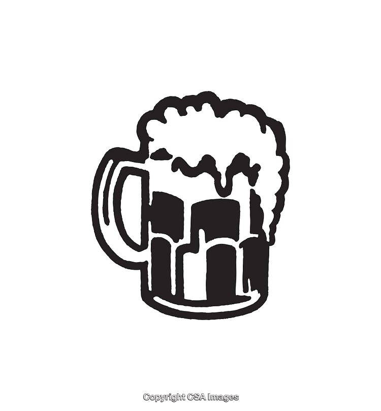Black and White Line Drawing of a Beer Mug With Foam Overflowing