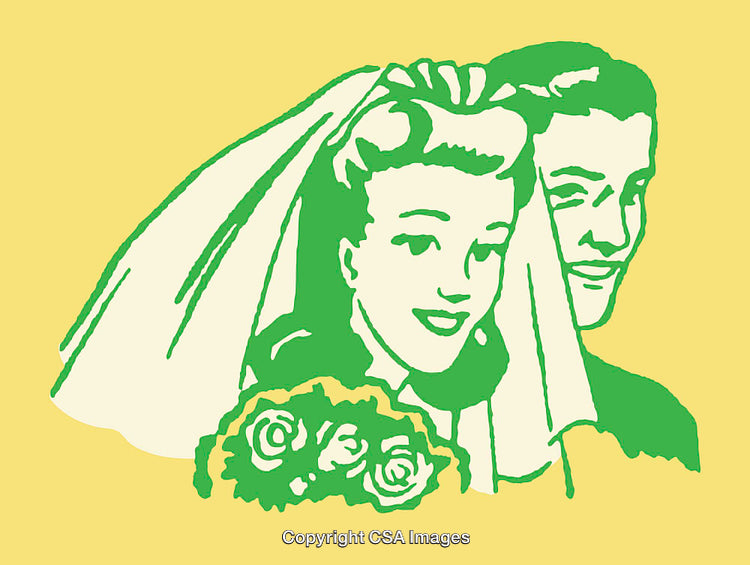 Retro Style Color Illustration of a Bride and Groom on Their Wedding Day