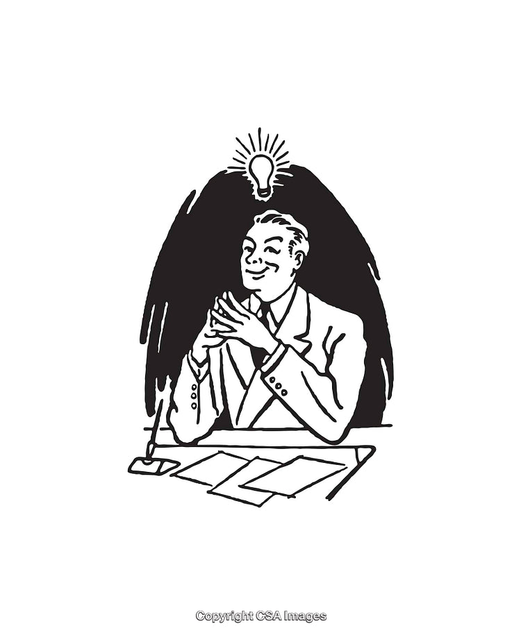Retro Style Businessman Taking Notes with a Light Bulb Idea Symbol