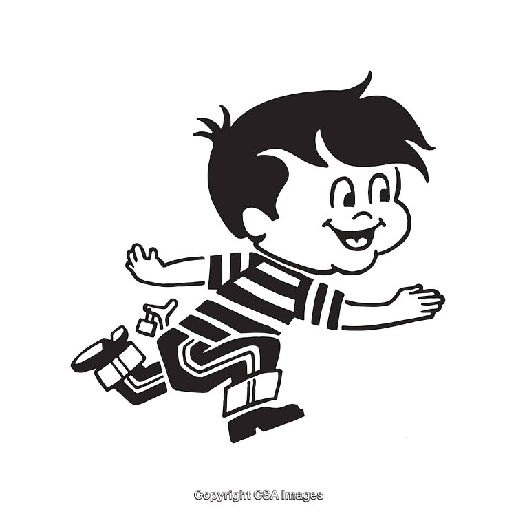 Adorable Cartoon Styled Boy Running in Black and White Line Art