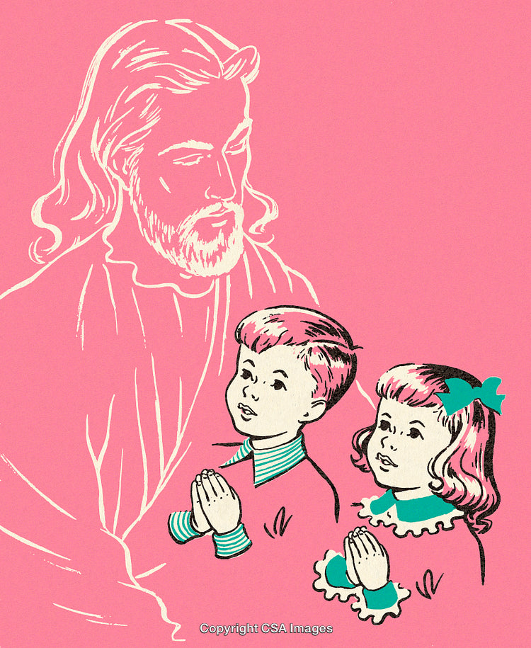 Illustration of Children Praying Alongside a Figure Symbolizing Guidance and Peace
