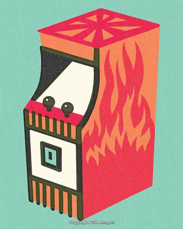 Retro Arcade Cabinet Illustration with Flames and Vibrant Colors