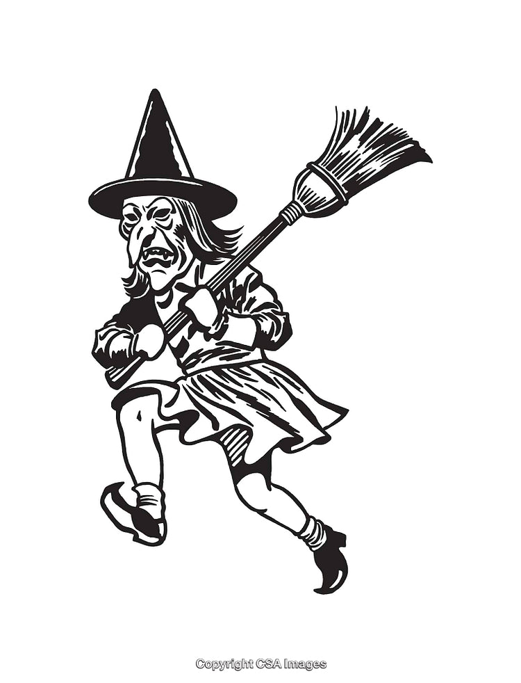 Black and White Line Art of a Witch with a Broomstick