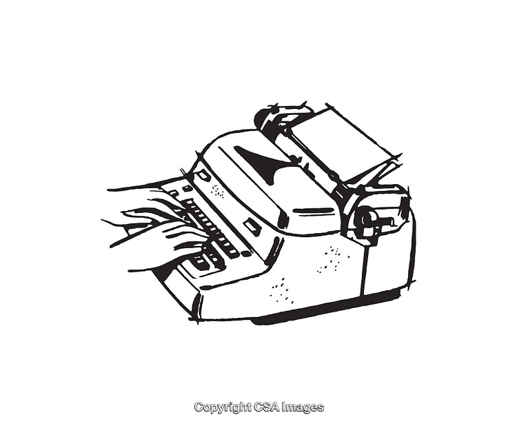 Vintage Typewriter Black And White Illustration Featuring Hands Typing