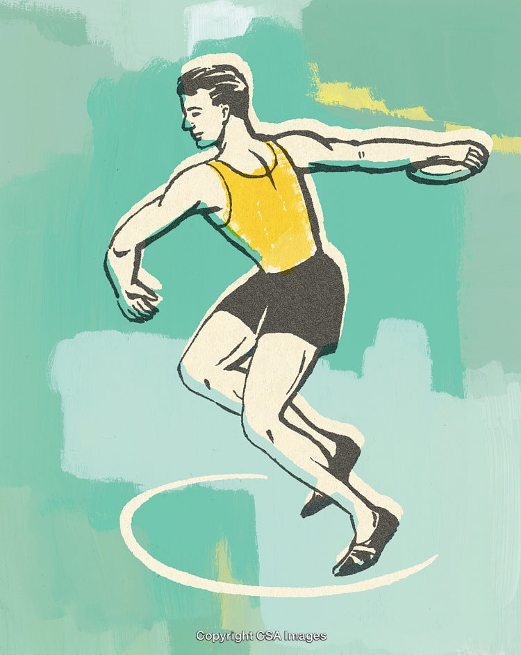 Vintage Illustration of Athlete Throwing Discus on Textured Background