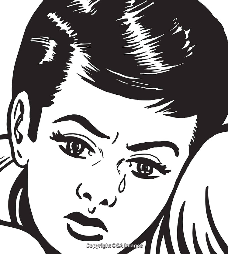 Retro Black and White Illustration Featuring a Tearful Boy’s Face