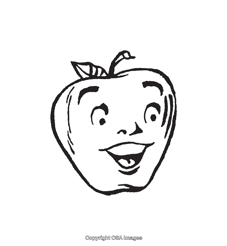 Retro Styled Happy Apple Drawing in Black and White Artwork
