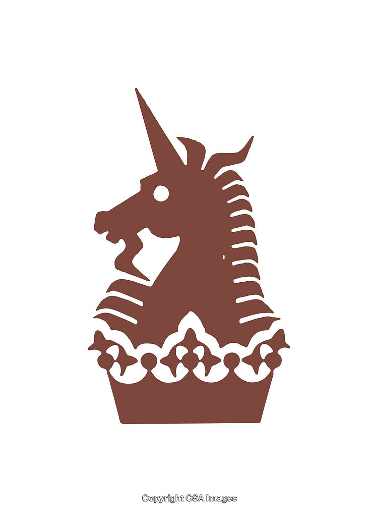 Stylized Icon of a Unicorn and Crown in Brown Silhouette Style