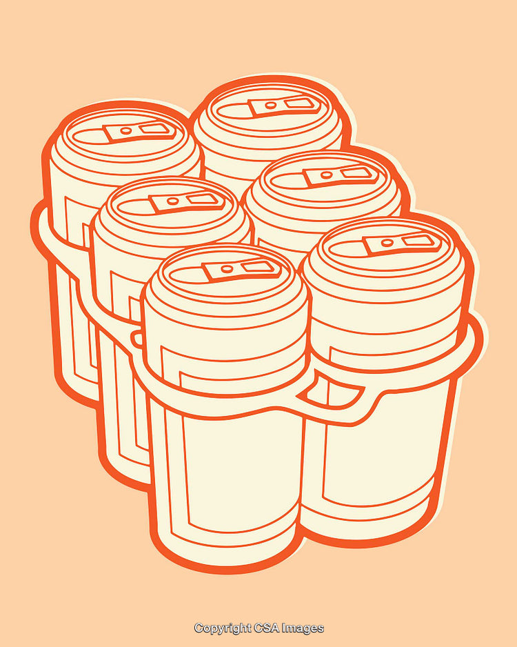 Stylized Illustration of Beverage Cans in a Pack Against a Pastel Background